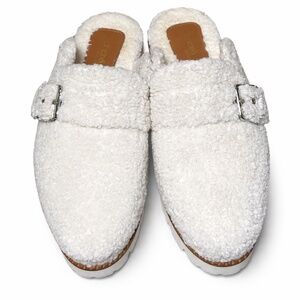 Andre Assous Faux Shearling Teddy Platform Clogs Buckle Lug Sole Mules Ivory 9